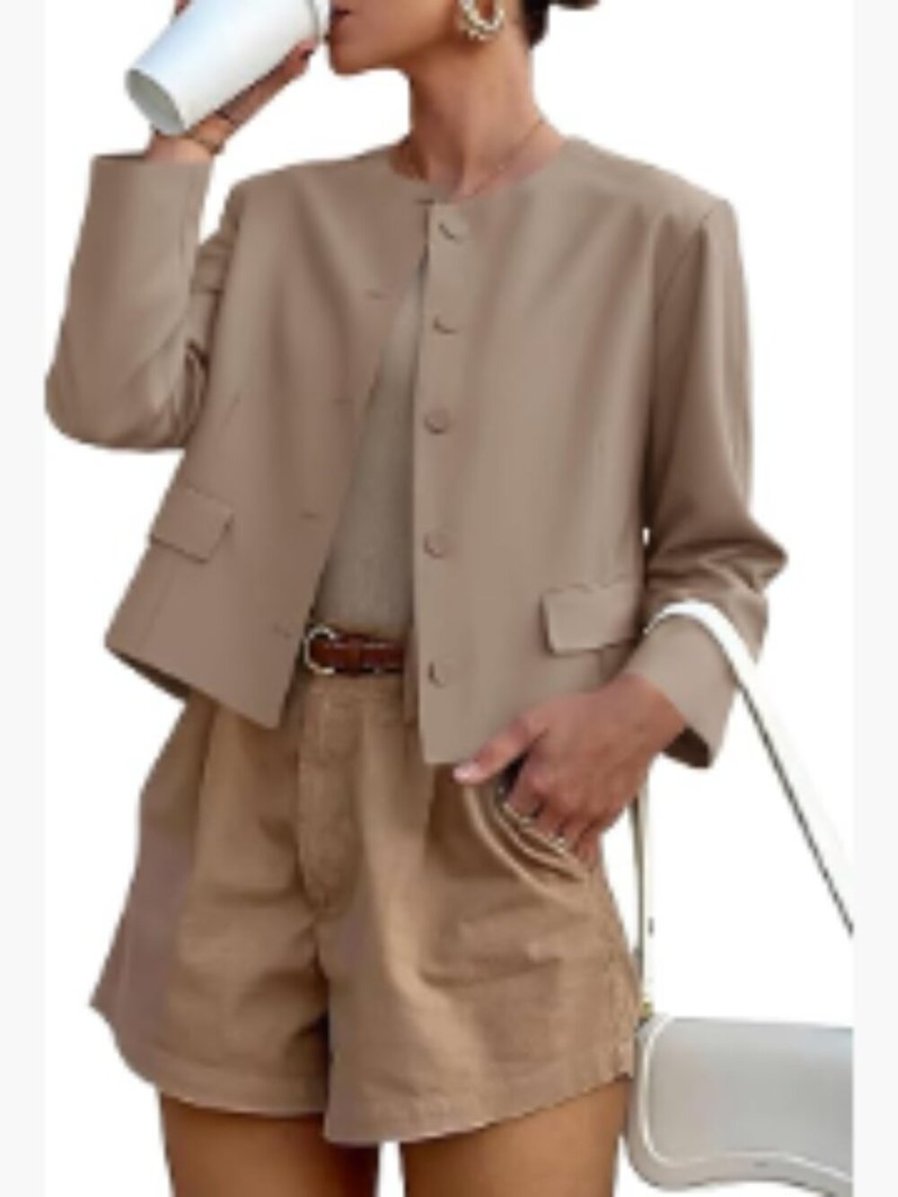 Balloon Sleeve Blazer Cropped Collarless Button Down Polyester Blend